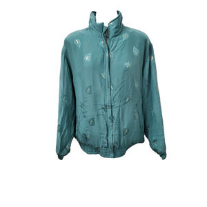 Vintage EVR Silk Windbreaker Jacket PM Teal Green Gold Leaf Retro 90s